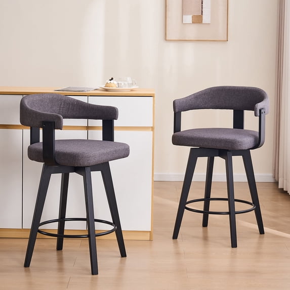 Joyyskill Swivel Bar Stools Set of 2, 26” Wood Counter Height Barstools with Curved Back, Mid Century Modern Linen Upholstered Bar Chairs, Black/Dark Grey
