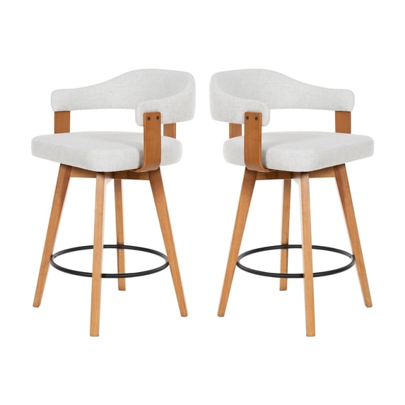 Joyyskill Swivel Bar Stools Set of 2, 26” Wood Counter Height Barstools with Curved Back, Mid Century Modern Linen Upholstered Bar Chairs, Dark Oak/beige