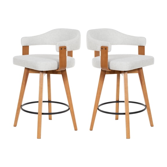Joyyskill Swivel Bar Stools Set of 2, 26” Wood Counter Height Barstools with Curved Back, Mid Century Modern Linen Upholstered Bar Chairs, Dark Oak/beige