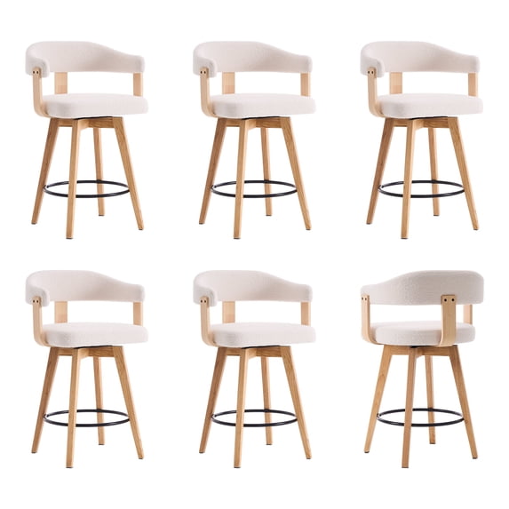 Joyyskill Swivel Bar Stools Set of 6, 26” Wood Counter Height Barstools with Curved Back, Mid Century Modern Boucle Upholstered Bar Chairs, Natural Oak/White