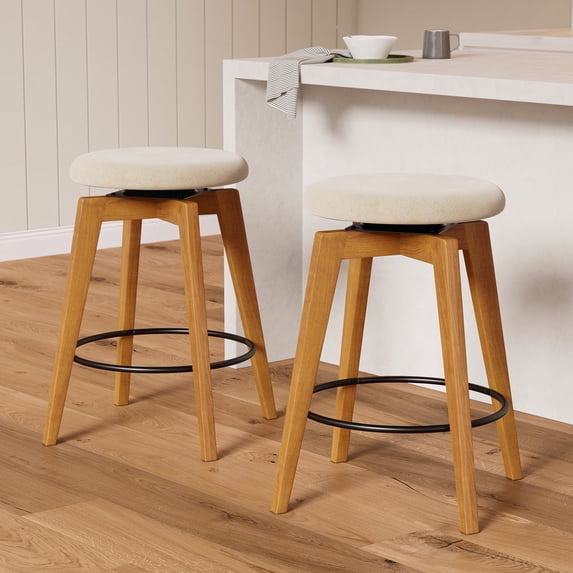 Joyyskill Swivel Barstools Set of 2, Backless Wooden Counter Height Barstools with Upholstered & Metal Footrest, Dark Oak/Beige