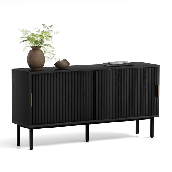 Joyyskill TV Stands Farmhouse Entertainment Center with Fluted Sliding Doors TV Console Cabinet with Adjustable Shelf and Storagefor 65, 70, 75 Inch TV, Black