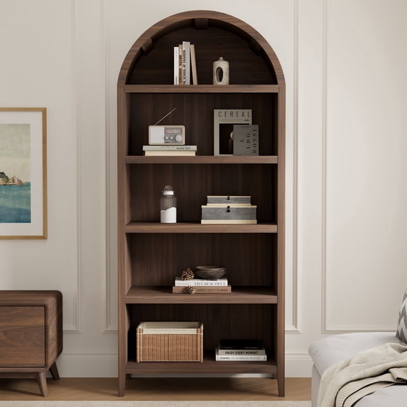 Joyyskill Tall Arched Bookshelf, 5-Tier Farmhouse Open Display Cabinet, 71" Modern Wood Bookcase with Adjustable Shelves, Brown