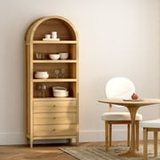 Joyyskill Tall Arched Bookshelf with Drawers, 71" Wood Bookcase with Storage Farmhouse Display Cabinet Wooden Bookshelves Mid-Century Modern Storage Shelf Natural Oak