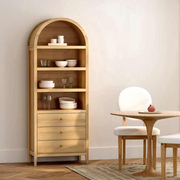 Joyyskill Tall Arched Bookshelf with Drawers, 71" Wood Bookcase with Storage Farmhouse Display Cabinet Wooden Bookshelves Mid-Century Modern Storage Shelf Natural Oak