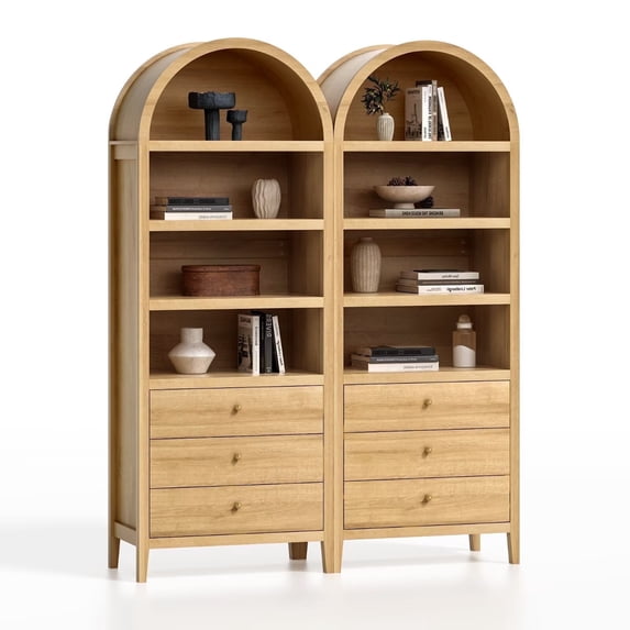 Joyyskill Tall Arched Bookshelf with Drawers Set of 2, 71" Wood Bookcase with Storage Farmhouse Display Cabinet Wooden Bookshelves Mid-Century Modern Storage Shelf Natural Oak