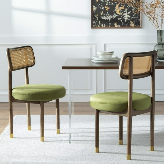 Joyyskill Upholstered Rattan Dining Chairs Set of 2, Mid Century Modern Kitchen Chairs with Curved Back and Solid Wood Legs Armless Accent Chair, Walnut/Green Velvet