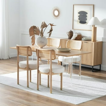 Joyyskill Upholstered Rattan Dining Chairs Set of 4, Mid Century Modern Kitchen Chairs with Curved Back and Solid Wood Legs Armless Accent Chair, Natural Oak/White Boucle