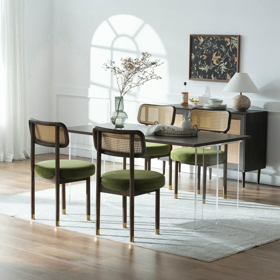 Joyyskill Upholstered Rattan Dining Chairs Set of 4, Mid Century Modern Kitchen Chairs with Curved Back and Solid Wood Legs Armless Accent Chair, Walnut/Green Velvet