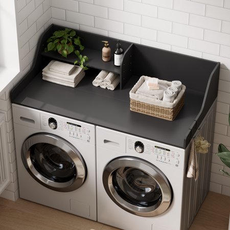 Joyyskill Washer Dryer Countertop, 2-Tier Adjustable Shelf, Black, Washer Dryer Countertop Topper, Laundry Countertop Organizer with Metal Hooks, Laundry Storage