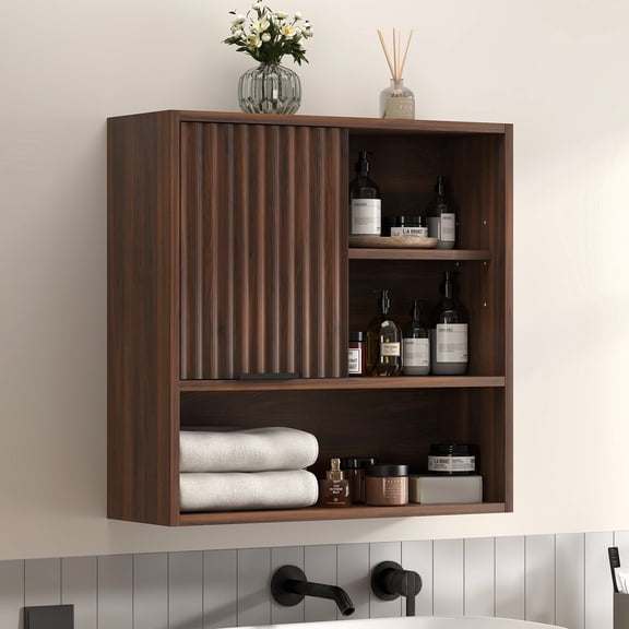 Joyyskill Waterproof Medicine Cabinet with Adjustable Shelf, Wooden Bathroom Storage with Fluted Sliding Door, Modern Wall Mounted Cupboard,1 Pcs Brown