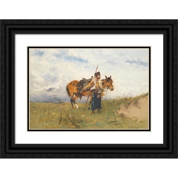 Jozef Brandt 14x11 Black Ornate Wood Framed Double Matted Museum Art Print Titled: Cossack Watchman