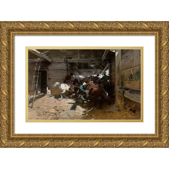 Jozef Brandt 14x11 Gold Ornate Wood Frame and Double Matted Museum Art Print Titled - Alarm (About 1880)