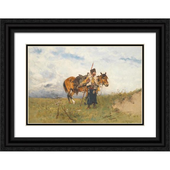 Jozef Brandt 24x18 Black Ornate Framed Double Matted Museum Art Print Titled: Cossack Watchman