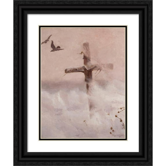 Jozef Chelmonski 12x14 Black Ornate Wood Framed Double Matted Museum Art Print Titled: Cross in the Snowdrift (1907)