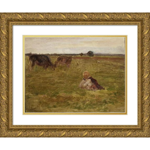 Jozef Chelmonski 14x11 Gold Ornate Wood Frame and Double Matted Museum Art Print Titled - Study I for “Shepherd Children” (circa 1905)