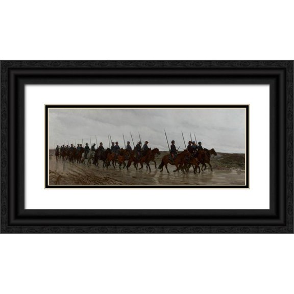 Jozef Chelmonski 14x8 Black Ornate Wood Framed Double Matted Museum Art Print Titled: Cossacks (1885)