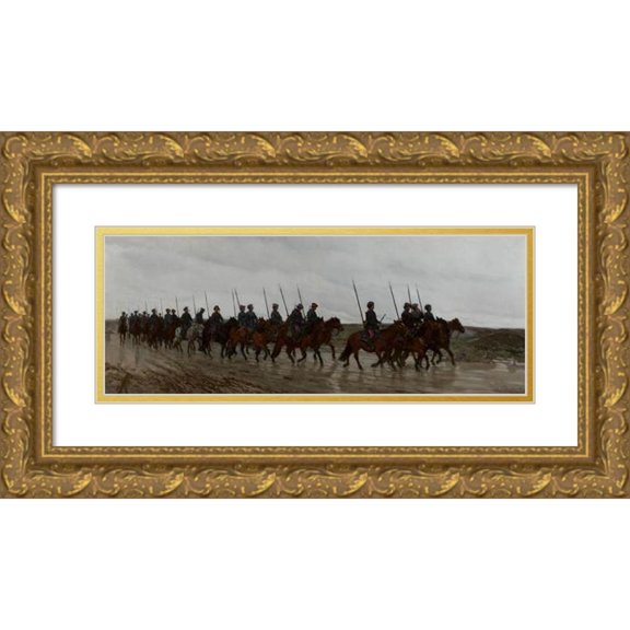 Jozef Chelmonski 18x9 Gold Ornate Wood Frame and Double Matted Museum Art Print Titled - Cossacks (1885)