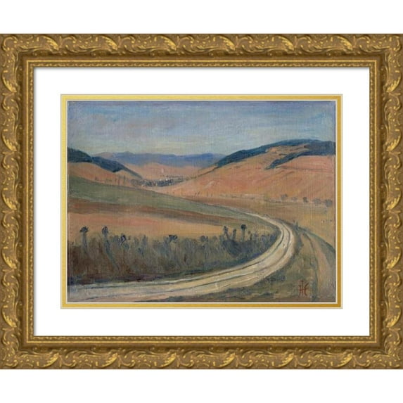Jozef Hanula 18x14 Gold Ornate Wood Frame and Double Matted Museum Art Print Titled - Study of Spis Landscape (1930-1939)