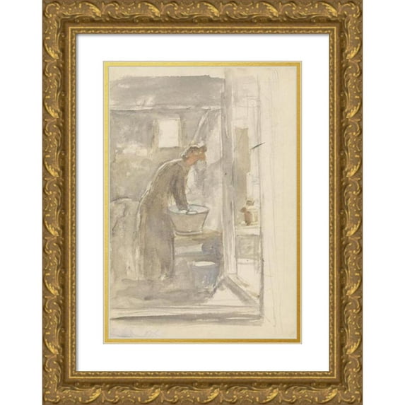 Jozef Israëls 11x14 Gold Ornate Wood Frame and Double Matted Museum Art Print Titled - Interior with Woman on the Wastobbe (1834 - 1911)