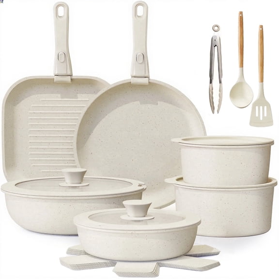 Jozram 20 Piece Ceramic Pots and Pans Set Non Stick, Cookware Set with Detachable Handle, Oven Safe, Induction Ready, Stackable RV Kitchen Cooking Set Removable Handles, Cream White