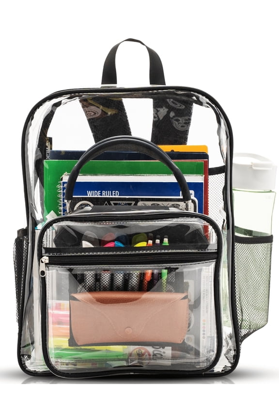 Clear Backpack – Heavy Duty Transparent Bookbag for Adults and Teens | School, Work, Travel, Stadiums (Black)