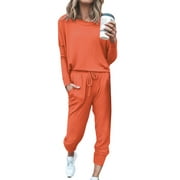 Jpgif 2Pc Women Pure Color Suit Long Sleeve Leisure Pocket Home Sweatpants Sets