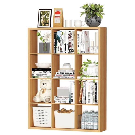 Jpiziso 12 Cube Storage Organizer with Open Cube Storage Bookshelf Natural-Oak, Cubicle Shelf Bookcase for Home Office Bedroom Living Room