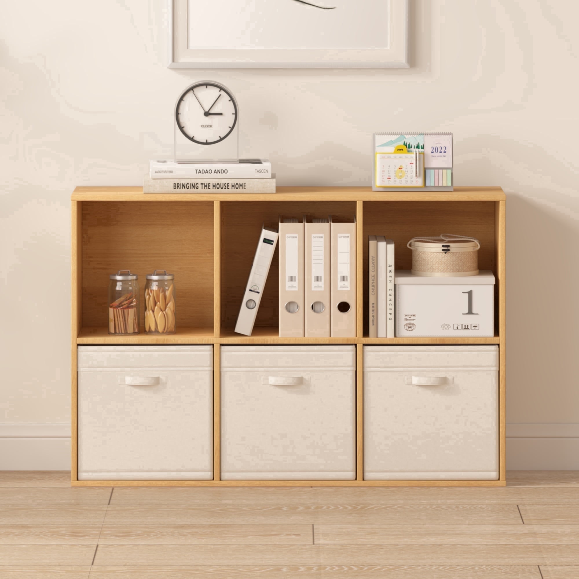 Jpiziso 6 Cube Storage Organizer 35.98" x 9.45" x 24.09" Bookcases with Closed Back for Home Office, Living Room, Bed Room Natural Oak