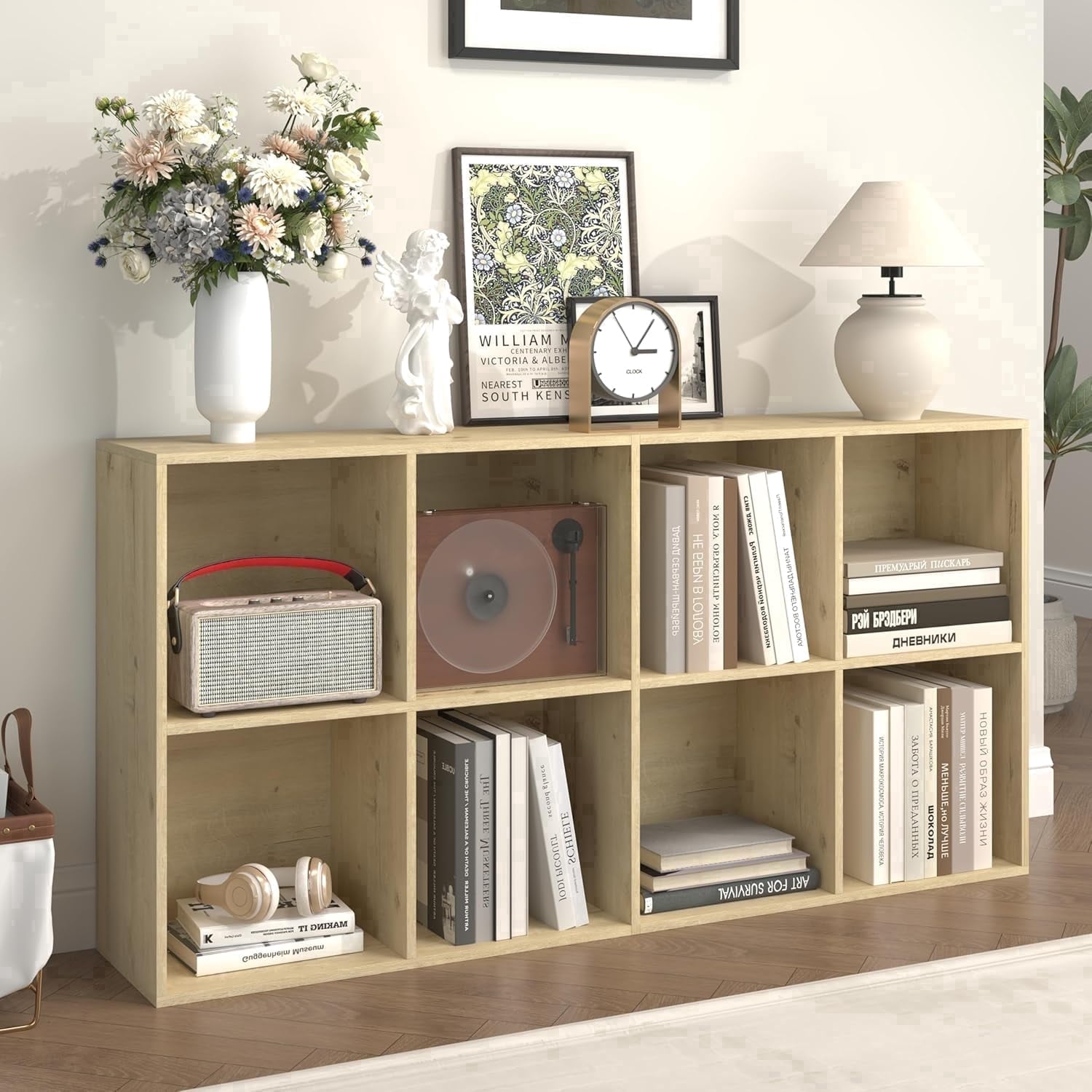 Jpiziso 8 Cube Storage Organizer 47.81" x 9.45" x 24.09" Bookcases with Closed Back for Home Office, Living Room, Bed Room White Oak