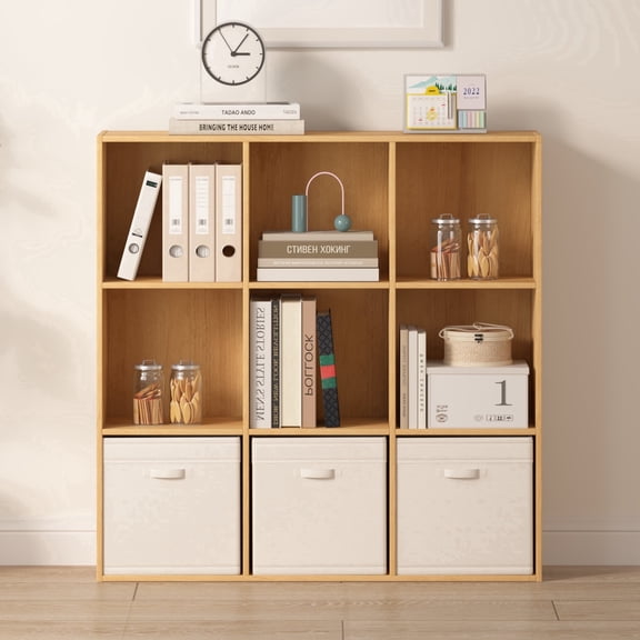 Jpiziso 9 Cube Storage Organizer, 35.98" x 9.45" x 35.91" Display Bookcases with Closed Back, Natural Oak