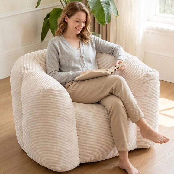 Jpiziso Bean Bag Chair,High Rebound Memory Foam Bean Bag Chairs for Adults Plush Lazy Sofa for Living Room, Bedroom & Dorm Beige