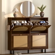 Jpiziso Shoe Storage Cabinet,4 Flip Drawers Walnut Rattan Shoe Organizer with Adjustable Shelves,Slim Entryway Cabinet