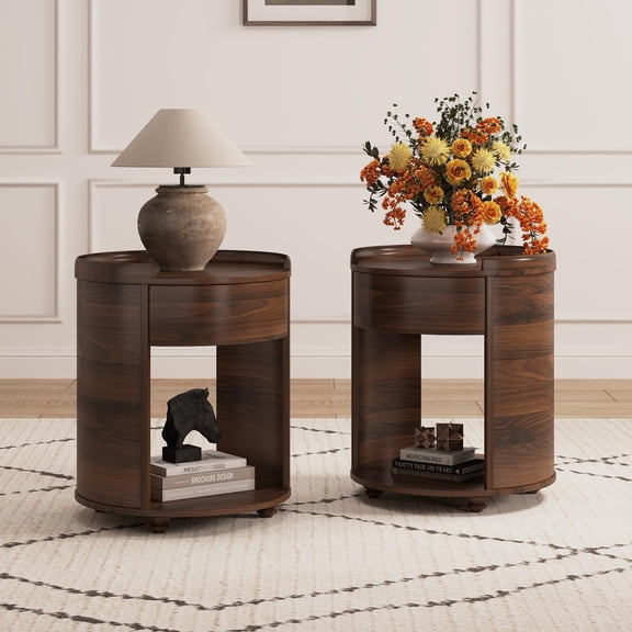 Jpiziso Solid Wood Nightstands Set of 2 with Drawer & Storage Shelf for Bedroom, Living Room, Small Spaces Walnut
