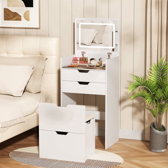 Jpiziso Vanity Desk 3-in-1 White with Mirror and Lights for Bedroom, Apartment, Kids Room