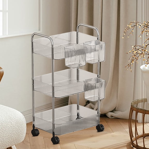 Jpxdew 3-Tier Swivel Rolling Storage Cart - Sturdy Transparent Plastic Organizer with Wheels, 13x8x26 Inch, Multi-Room for Bathroom, Kitchen, Office