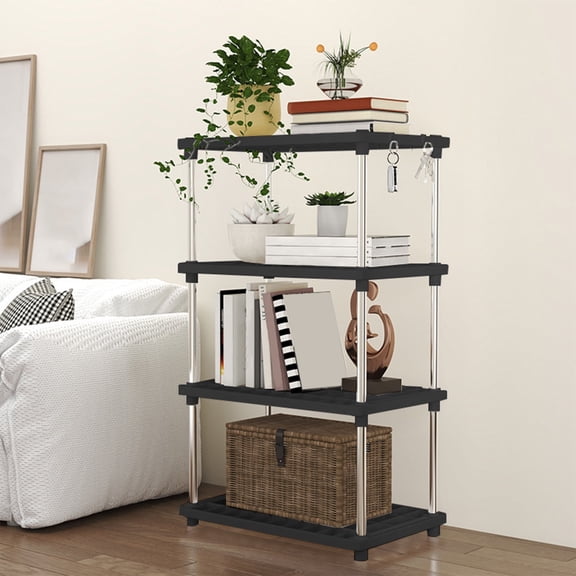 Jpxdew Everyday Storage Rack Multitier Storage Shelf Hollow Grid Organizer 4-Tier Heavy-Duty Metal Frame Plastic Grid Adjustable Shelf Heights for Bathroom in Kitchen by Laundry Room