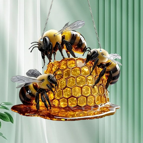 Jpxdew 8in Honeycomb Acrylic Pendant - 2D Flat Window & Porch Decor for Outdoor/Garden/Patio | Weatherproof & Shatterproof (Beehive Design)