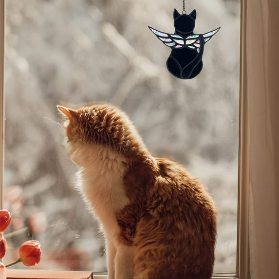 Jpxdew Angel Cat Memorial Gift - Black Suncatcher Ornament for Pet Loss, Sympathy Decor with Angel Wing Design, Window Hanging for Cat Lovers, Healing Home & Garden Decor (Durable Plastic)