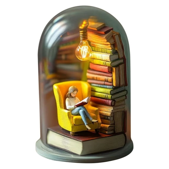 Jpxdew Book Lover Gift for Readers, LED Reading Night Light with Glass Dome, Miniature Librarian Sculpture & Books, Desk Decor for Bibliophiles, Teachers, Writers