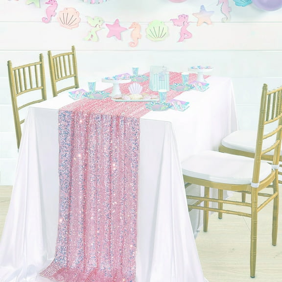 Jpxdew Mermaid Glitter Sequin Table Runner for Summer Weddings - 12x72 Inch Pink Reusable Polyester Table Linen | Birthday/Baby Shower Party Decor
