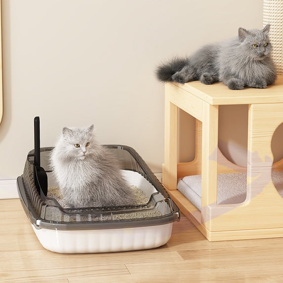 Jpxdew Semi-Enclosed Cat Litter Box with High Sides - Splash Proof Litter Tray with Scoop, Anti-Skid Base, Large Space for Kittens and Adult Cats (Multiple Colors)