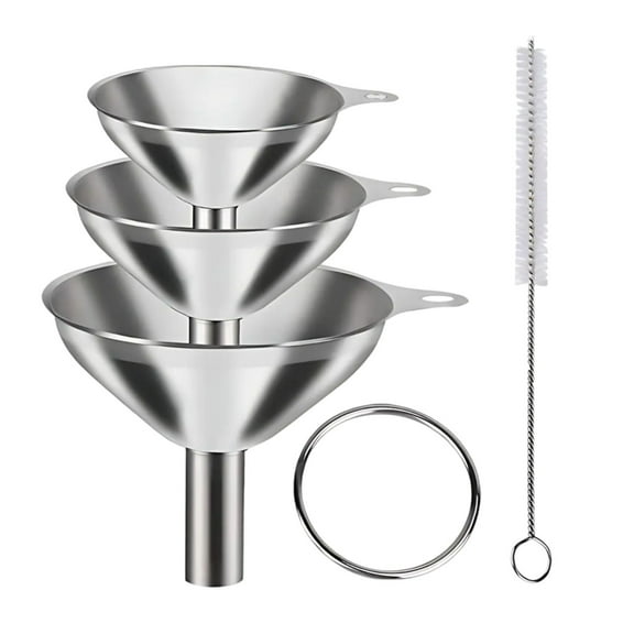 Jpxdew Stainless Steel Kitchen Funnel Set,3-Size Food Grade Metal Strainers,Bottles Jars Spice Transfer,Dishwasher Safe with Cleaning Brush