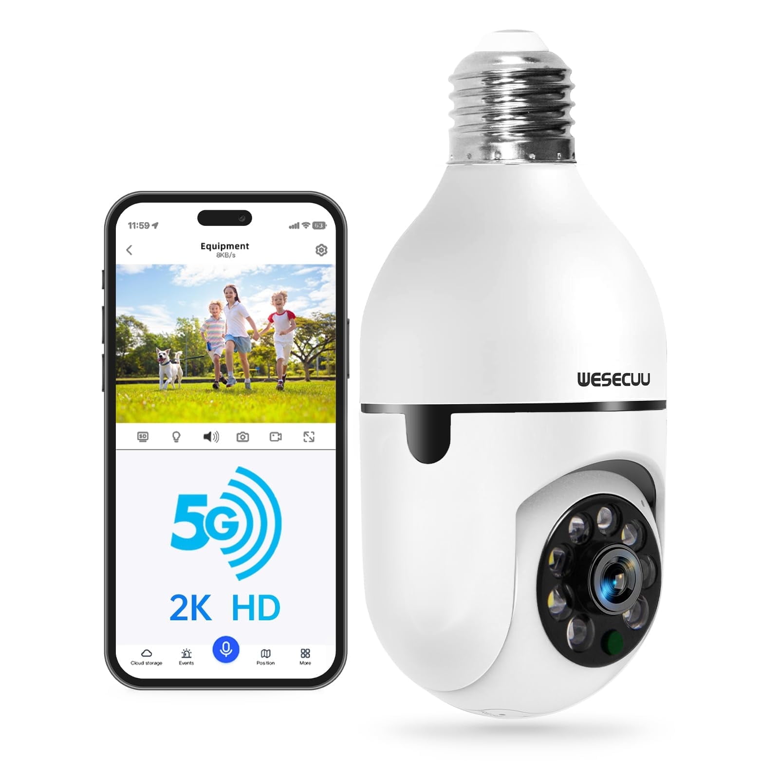 Jqimn 2K HD WiFi Light Bulb Security Camera -5G&2.4G Wireless Outdoor Cameras for Home Security, 360° Motion Detection, Full-Color Night Vision