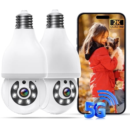 Jqimn 3MP Wireless Light Bulb Camera, 2.4G/5G WiFi Outdoor/Indoor Cameras for Home Security, Full Color Day and Night, Motion Detection, Audible Alarm(2 Pack)