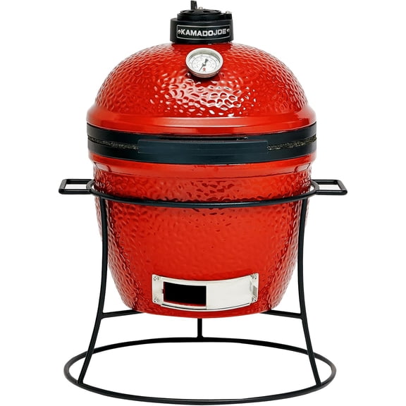 Jr 13.5-inch Portable Ceramic Charcoal Grill with Stand, Stainless Steel Cooking Grate, Heat Deflectors and Ash Tool in Red, Model KJ13RH