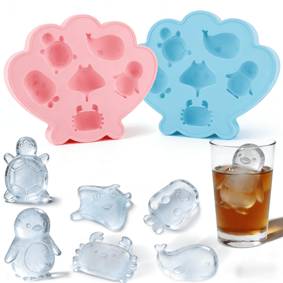 Jrelecs 2pcs 6 Cavity Sea Animal Silicone Ice Cube Tray, BPA-Free Reusable Ice Mold for Whiskey, Cocktails, Drinks, Food Grade (Pink/Blue)
