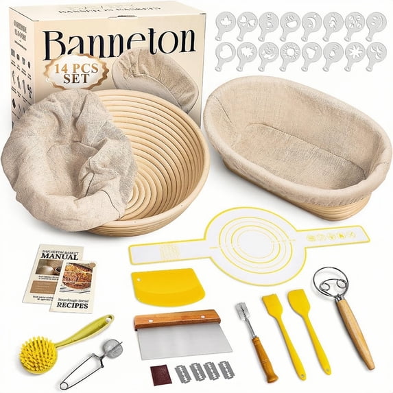 Jripae Bread Proofing Basket Set, 9" Round & 10" Oval Banneton Baskets,Complete Sourdough Starter Kit,Sourdough Bread Baking Supplies with Bread Lame, Sling, Dough Whisk