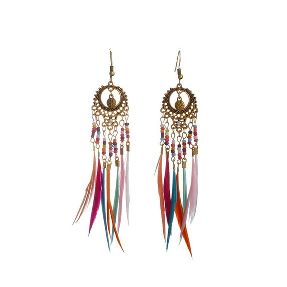 Jrocdr Fashionable Vintage Hollow Long Feather Earrings Well With Colorful Rice Beaded Tassel Earrings Boho Big Thick Hoop Earrings for Women Drop Pearl Earrings Owl Earrings