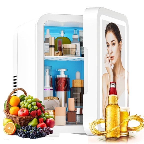 JrostKault 4L Mini Fridge with LED Mirror, Dual Cooling & Warming Function, 3L/6 Cans Capacity, Ultra-Quiet Portable Refrigerator for Skincare, Makeup, Car and Home Use Y101